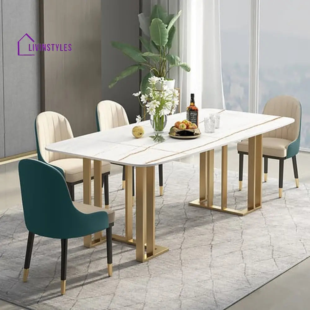 Mrinal Stainless Steel With Pvd Coated Dining Table Marble Top - 4 Chairs