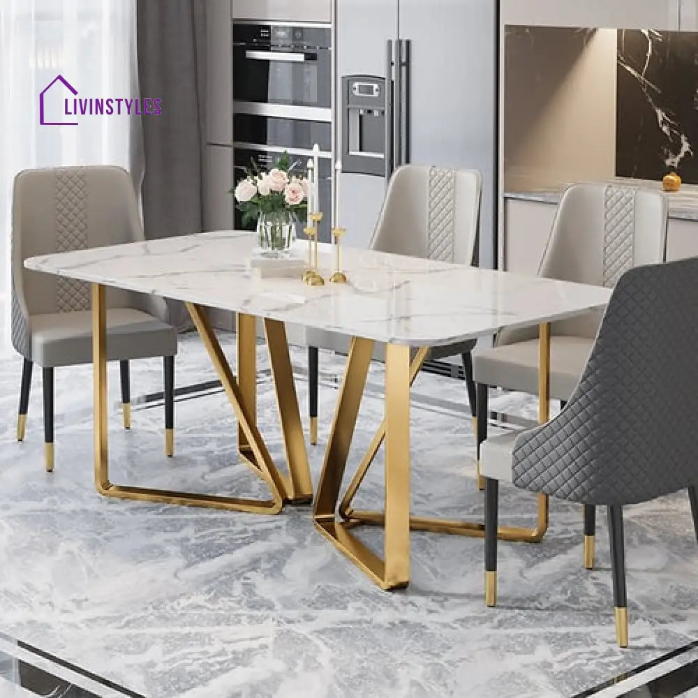 Mukul Metal Dining Table With Marble Top - 4 Chair And 1 Bench