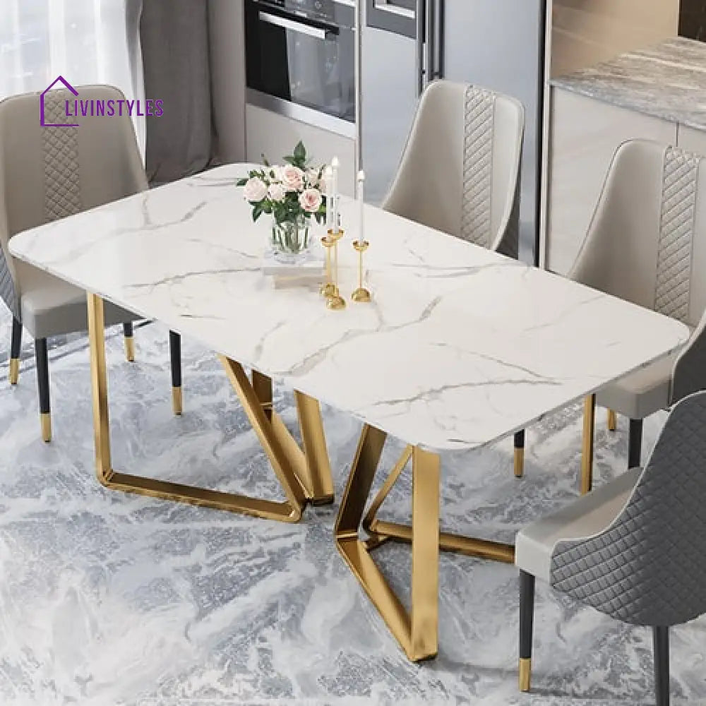 Mukul Metal Dining Table With Marble Top - 4 Chair And 1 Bench