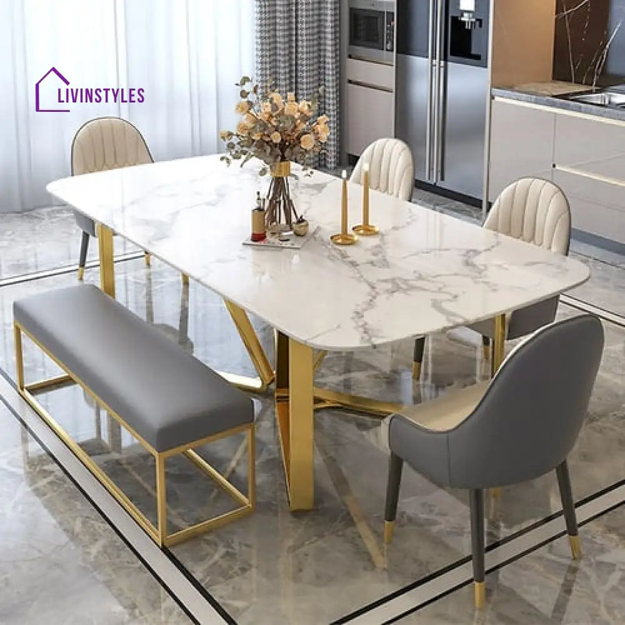 Mukul Metal Dining Table With Marble Top - 4 Chair And 1 Bench