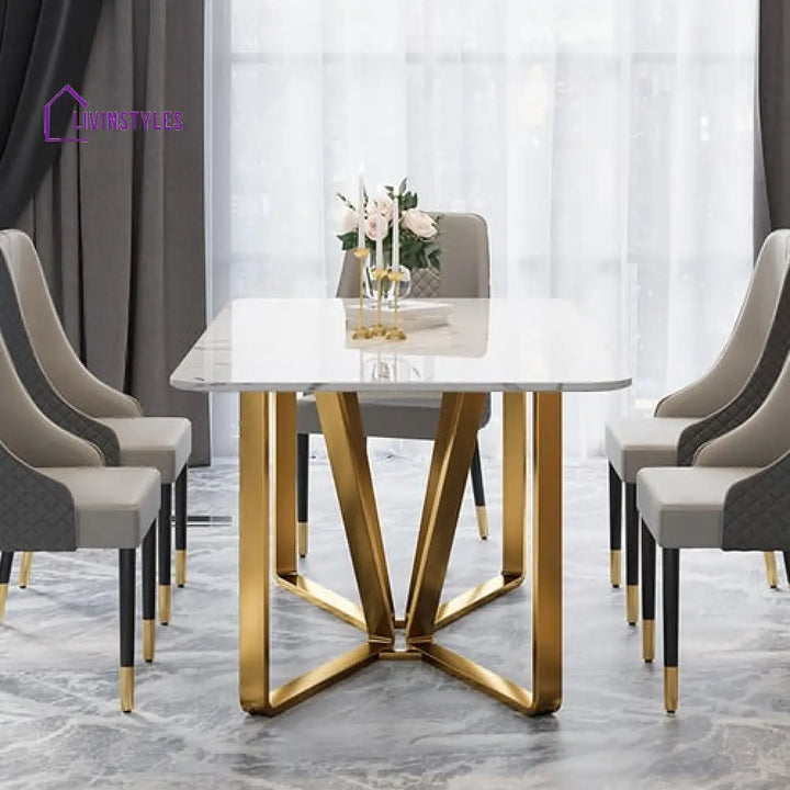 Mukul Metal Dining Table With Marble Top - 4 Chair And 1 Bench