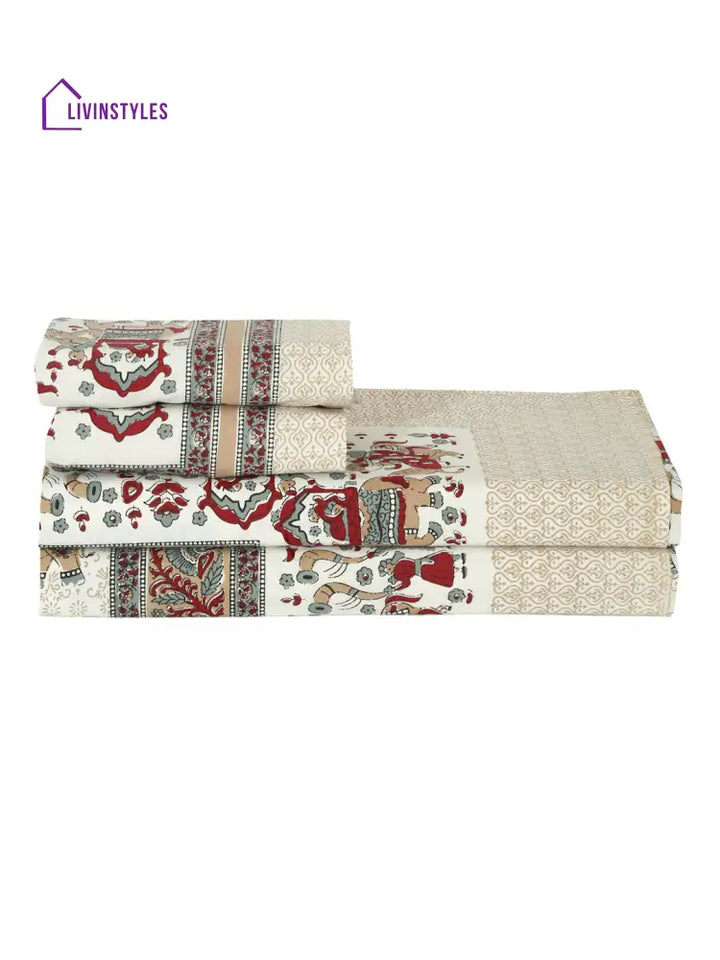 Multi Color Cotton Ethnic Print Queen Bed Sheet With 2 Pillow Covers