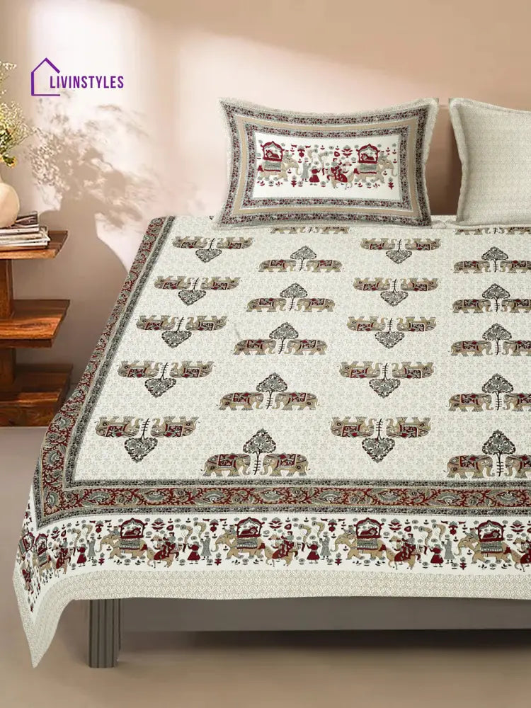 Multi Color Cotton Ethnic Print Queen Bed Sheet With 2 Pillow Covers