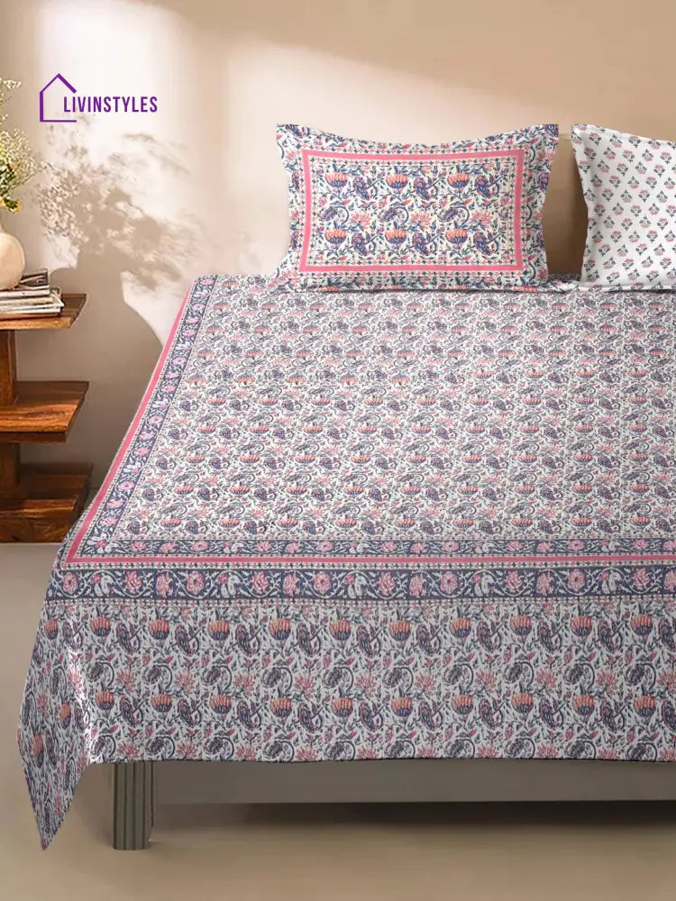 Multi Cotton Floral Print King Bed Sheet With 2 Pillow Covers