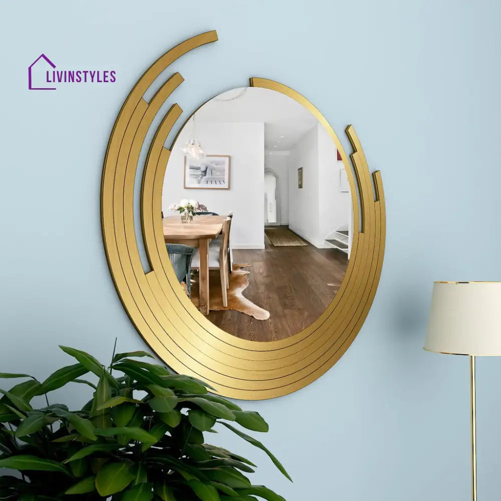 Nini Beautiful Decorative Wooden Wall Mirror Round Shape with Golden Finish Frame Wall Mirror