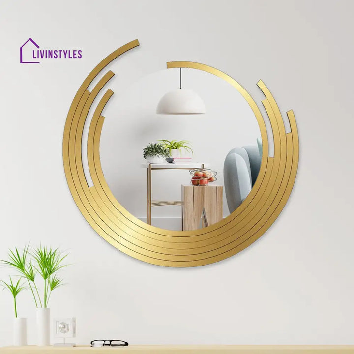 Nini Beautiful Decorative Wooden Wall Mirror Round Shape with Golden Finish Frame Wall Mirror