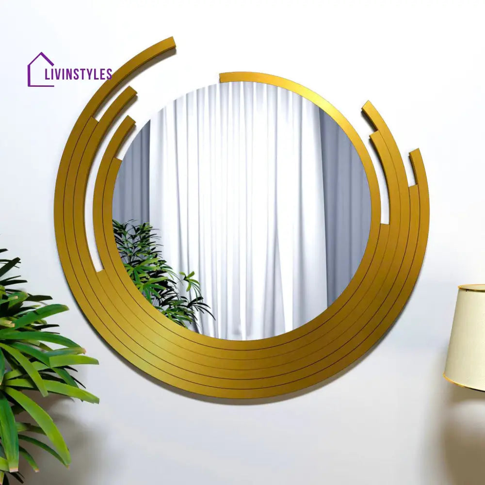 Nini Beautiful Decorative Wooden Wall Mirror Round Shape with Golden Finish Frame Small (46Cm x 46Cm) Wall Mirror