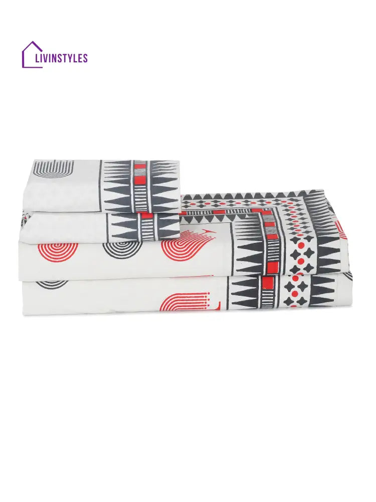 Off White Abstract Print Cotton Double Bed Sheet With 2 Pillow Covers