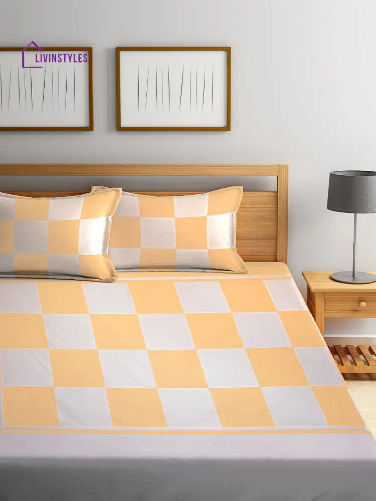 Off-White & Yellow Geometric 260 Tc Cotton 1 King Bedsheet With 2 Pillow Covers Bed Sheets