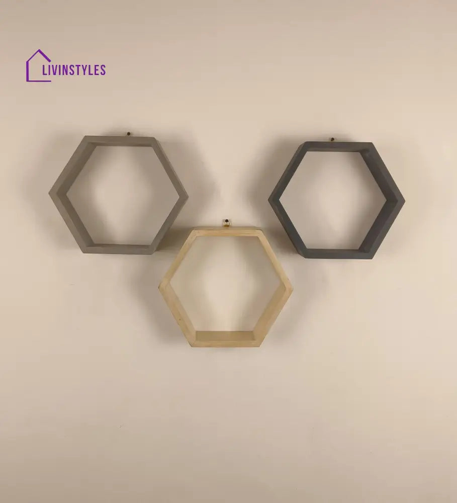 Oliver Iii Hexagonal Shaped Set Of 3 Wooden Wall Shelves Decor