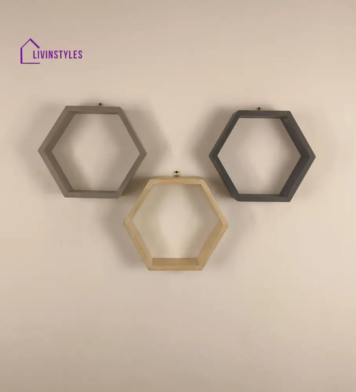 Oliver Iii Hexagonal Shaped Set Of 3 Wooden Wall Shelves Decor