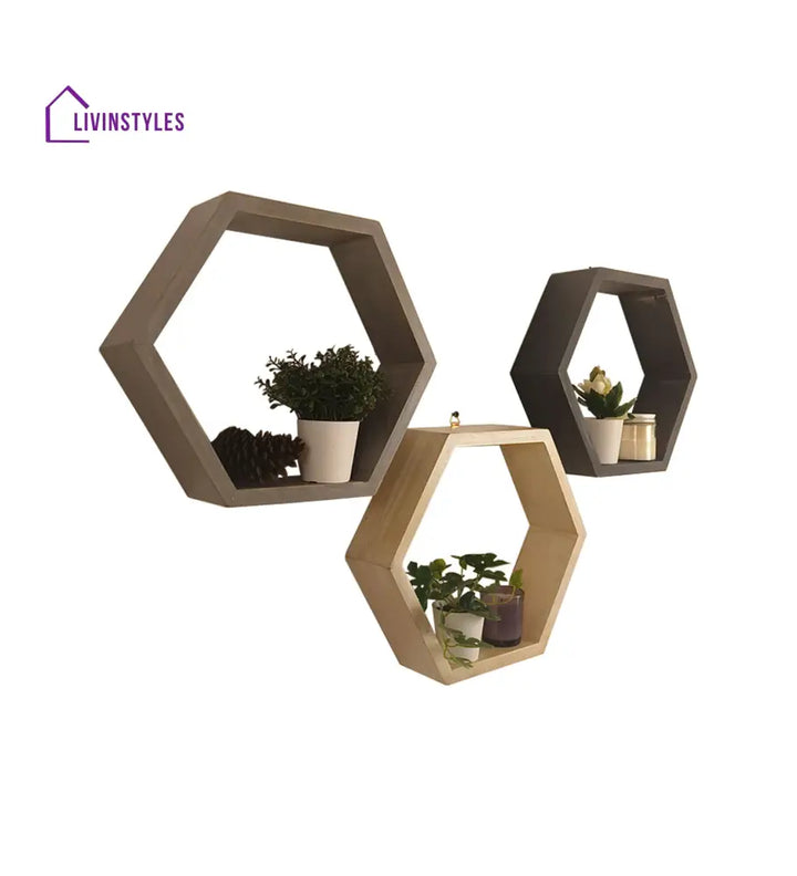 Oliver Iii Hexagonal Shaped Set Of 3 Wooden Wall Shelves Decor