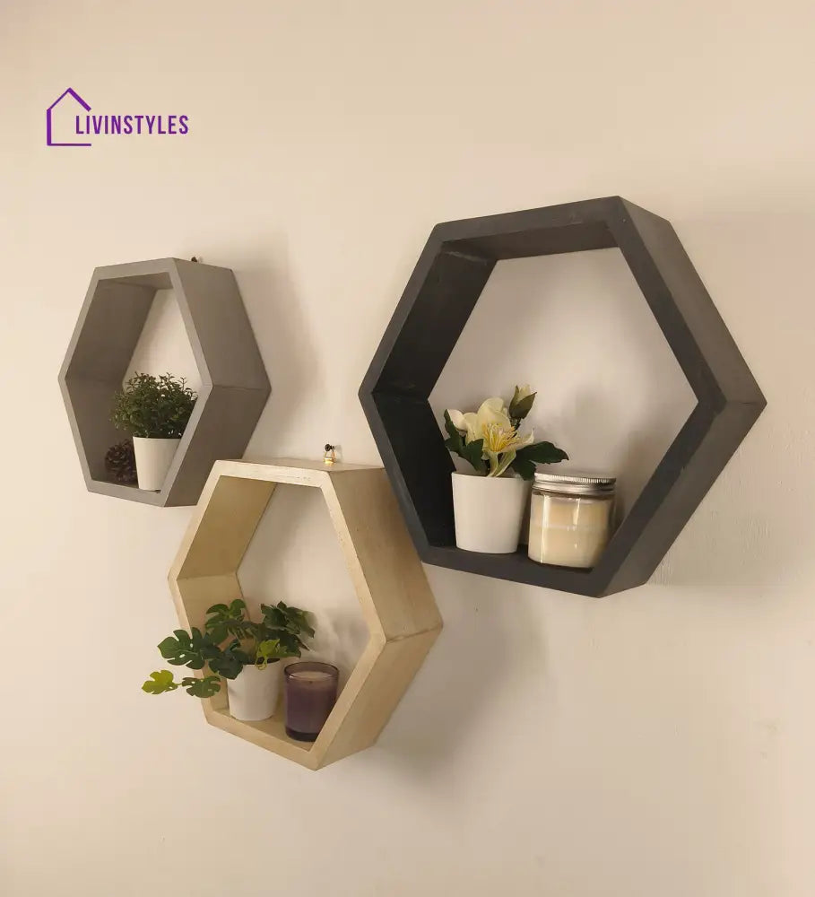 Oliver Iii Hexagonal Shaped Set Of 3 Wooden Wall Shelves Decor