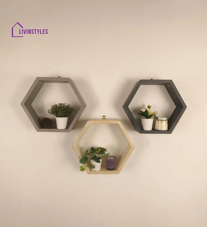 Oliver Iii Hexagonal Shaped Set Of 3 Wooden Wall Shelves Decor