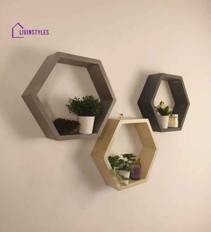 Oliver Iii Hexagonal Shaped Set Of 3 Wooden Wall Shelves Decor