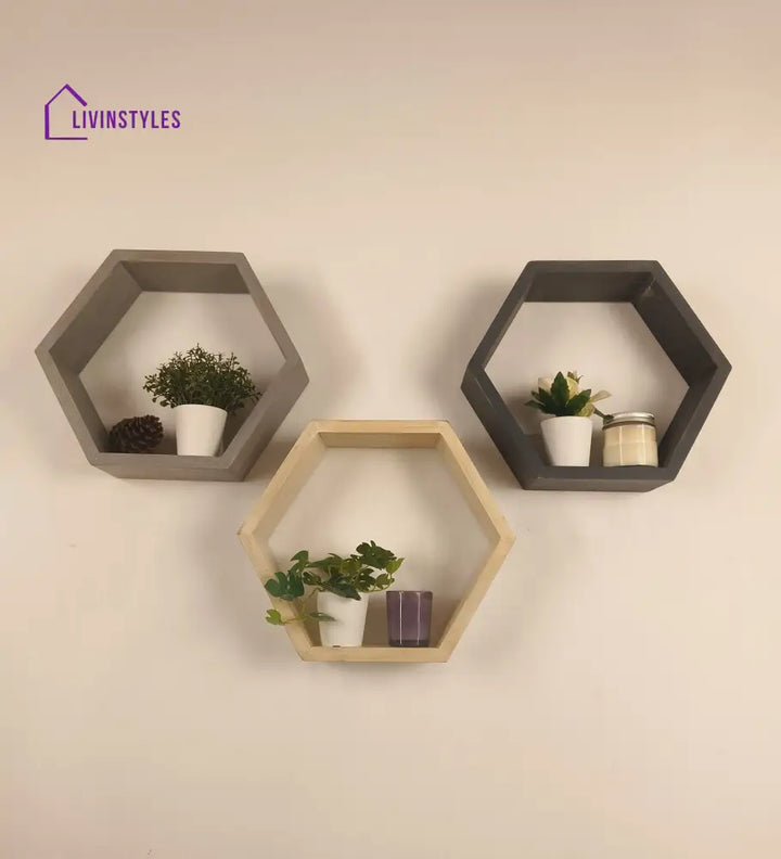 Oliver Iii Hexagonal Shaped Set Of 3 Wooden Wall Shelves Decor