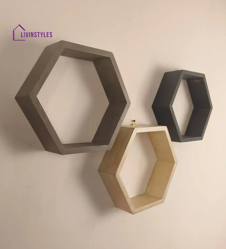 Oliver Iii Hexagonal Shaped Set Of 3 Wooden Wall Shelves Decor