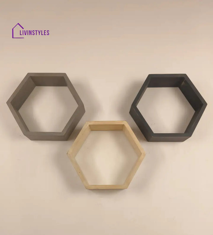 Oliver Iii Hexagonal Shaped Set Of 3 Wooden Wall Shelves Decor