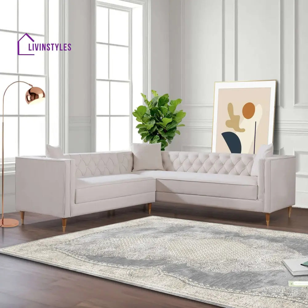 Omkar Cream L Shaped Velvet Sofa For Living Room