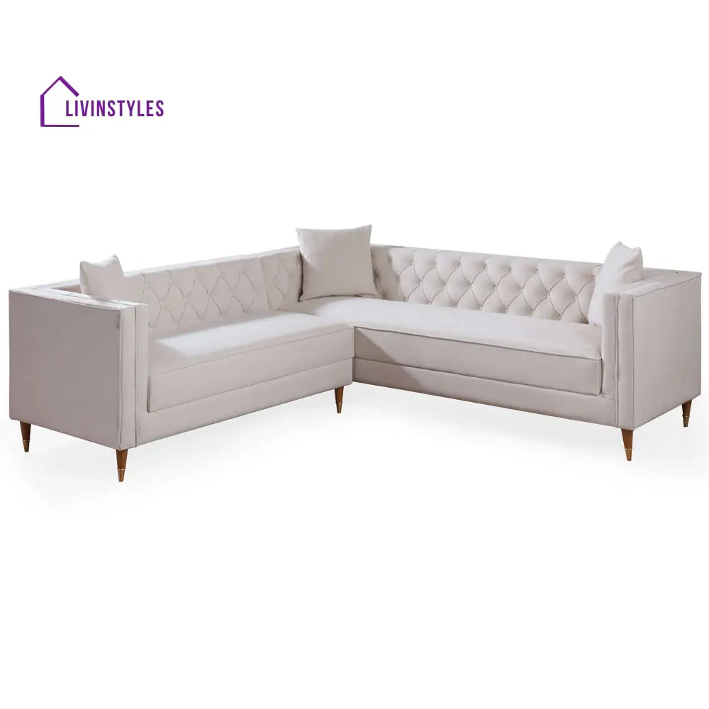 Omkar Cream L Shaped Velvet Sofa For Living Room