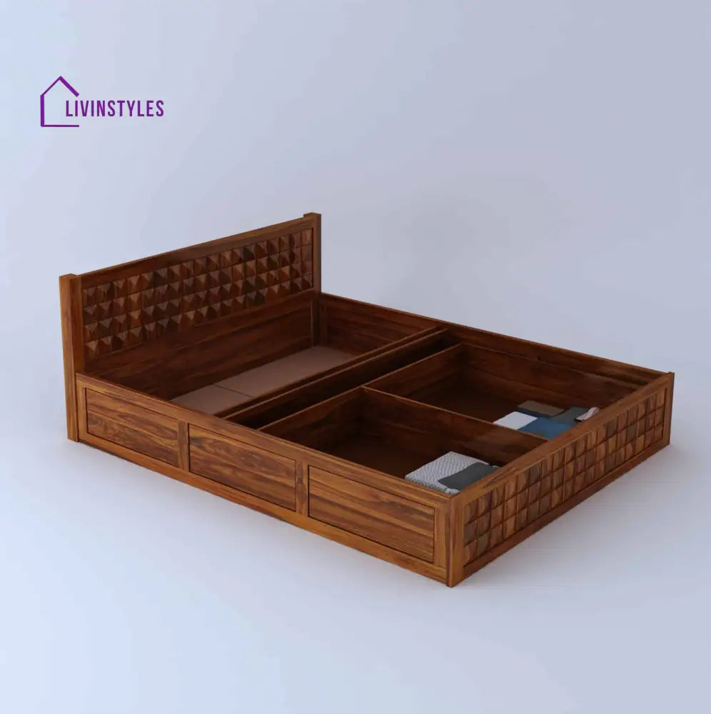 Oslo Diamond Solid Sheesham Wood Bed With Half Box And Trolly Storage - 1 Year Warranty