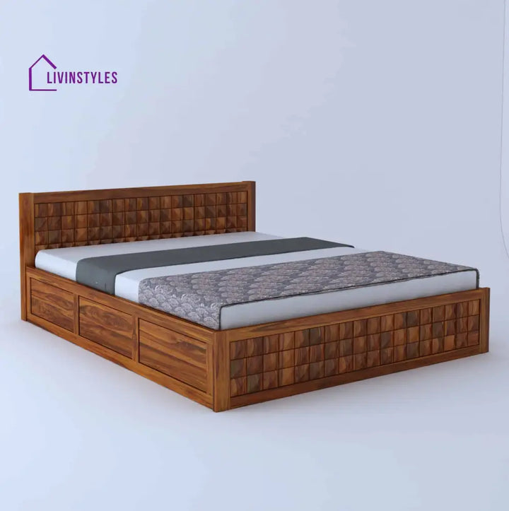 Oslo Diamond Solid Sheesham Wood Bed With Half Box And Trolly Storage - 1 Year Warranty