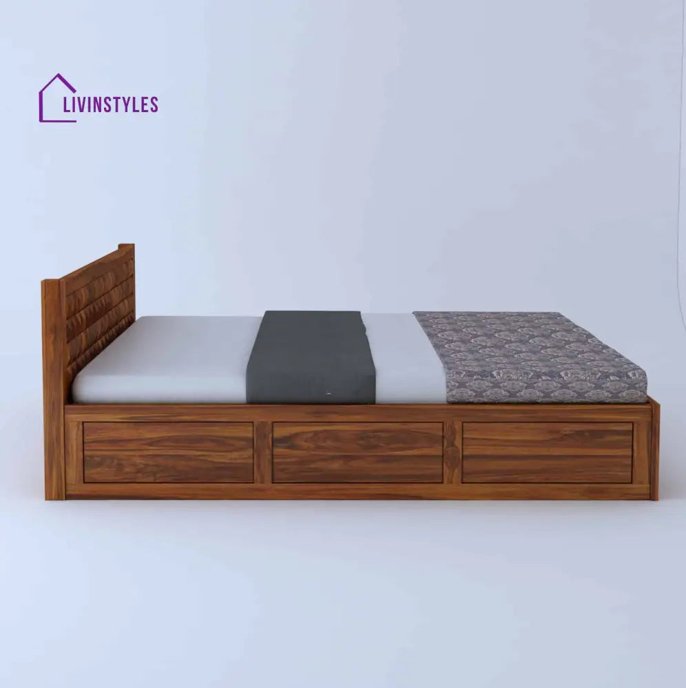 Oslo Diamond Solid Sheesham Wood Bed With Half Box And Trolly Storage - 1 Year Warranty