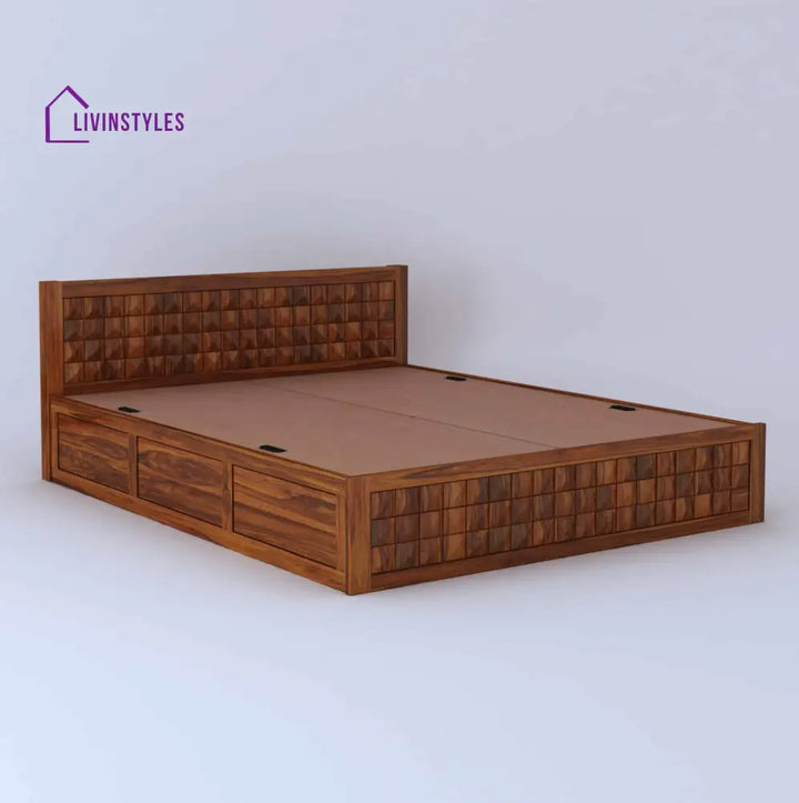 Oslo Diamond Solid Sheesham Wood Bed With Half Box And Trolly Storage - 1 Year Warranty