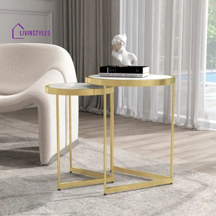 Oxford Modern Luxurious Round Marble Side Table In Gold Color - Set Of 2