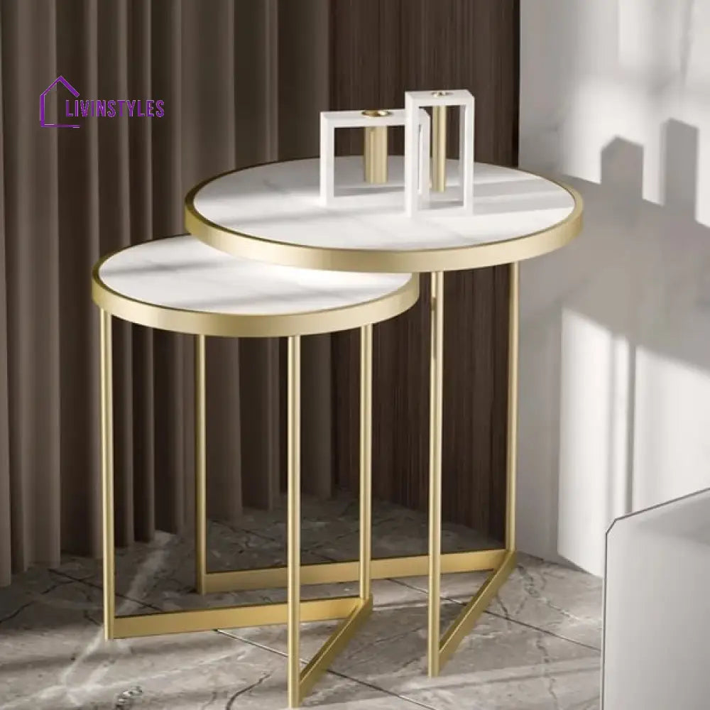 Oxford Modern Luxurious Round Marble Side Table In Gold Color - Set Of 2