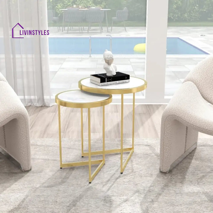 Oxford Modern Luxurious Round Marble Side Table In Gold Color - Set Of 2
