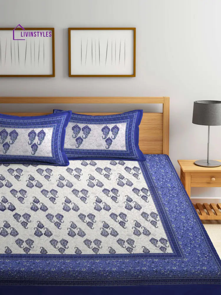 Paisley Print White And Blue Double Bedsheet With 2 Pillow Covers