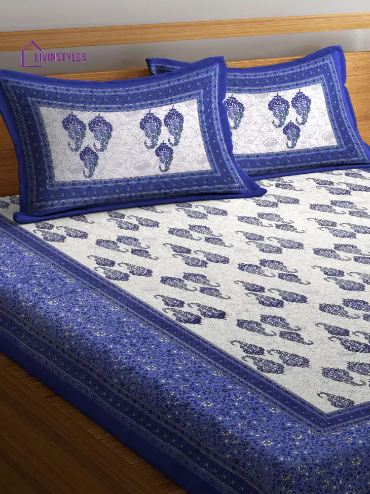 Paisley Print White And Blue Double Bedsheet With 2 Pillow Covers