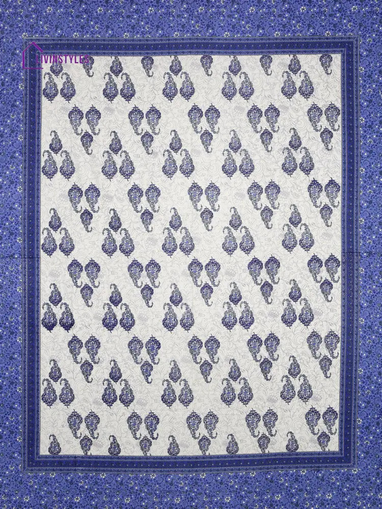 Paisley Print White And Blue Double Bedsheet With 2 Pillow Covers