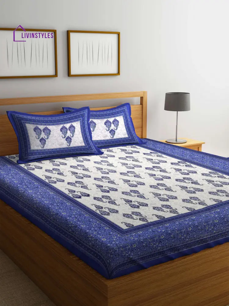 Paisley Print White And Blue Double Bedsheet With 2 Pillow Covers