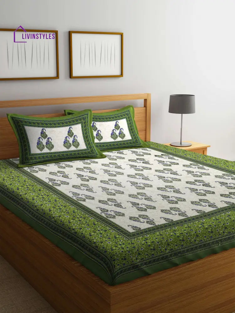 Paisley Print White And Green Double Bedsheet With 2 Pillow Covers