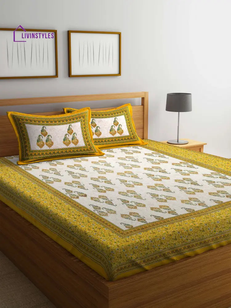 Paisley Print White And Yellow Double Bedsheet With 2 Pillow Covers