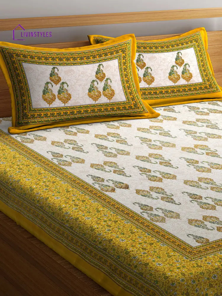 Paisley Print White And Yellow Double Bedsheet With 2 Pillow Covers