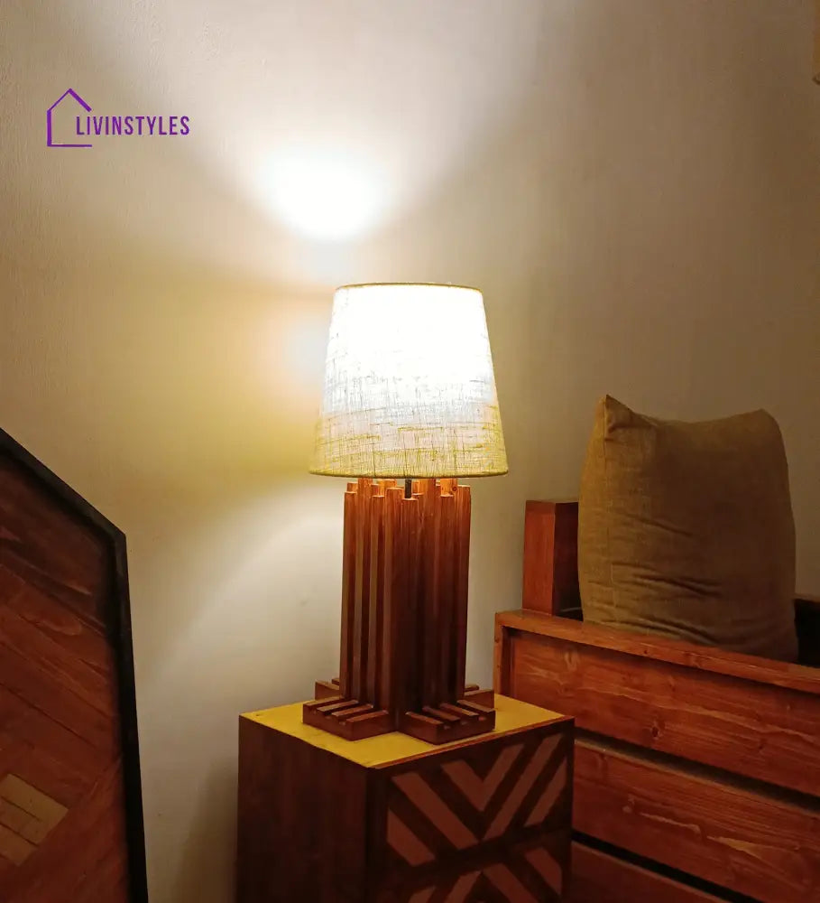 Palisade Brown Wooden Table Lamp With White Fabric Lampshade Lamps