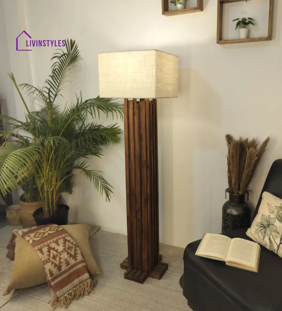 Palisade Wooden Floor Lamp With Brown Base And Beige Fabric Lampshade Lamps