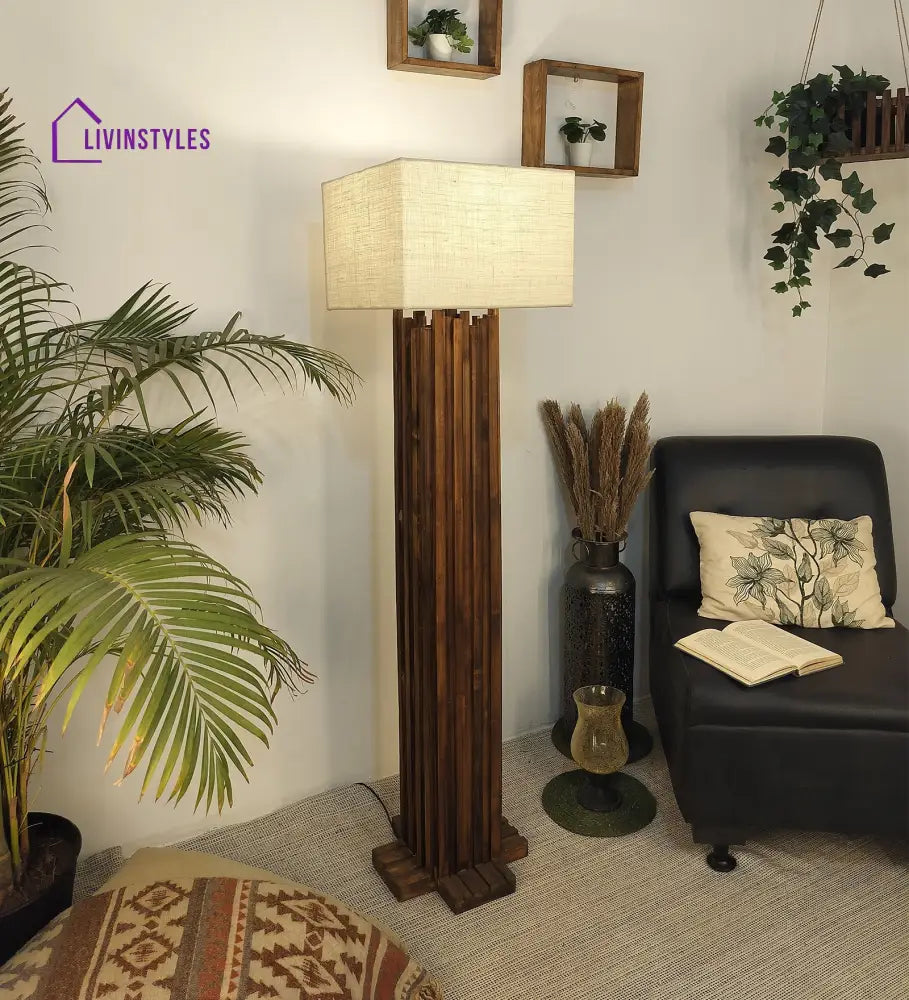 Palisade Wooden Floor Lamp With Brown Base And Beige Fabric Lampshade Lamps