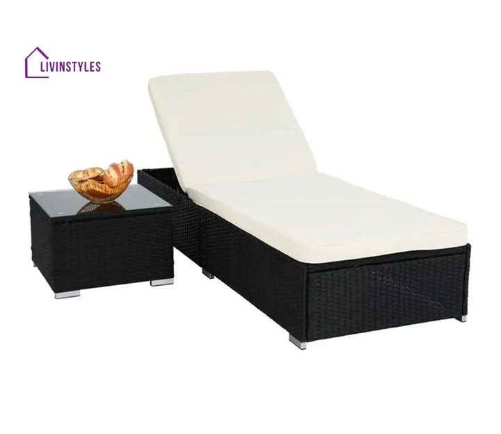 Patidar Black Adjustable Outdoor Patio Lounger With Table And Off White Cushions