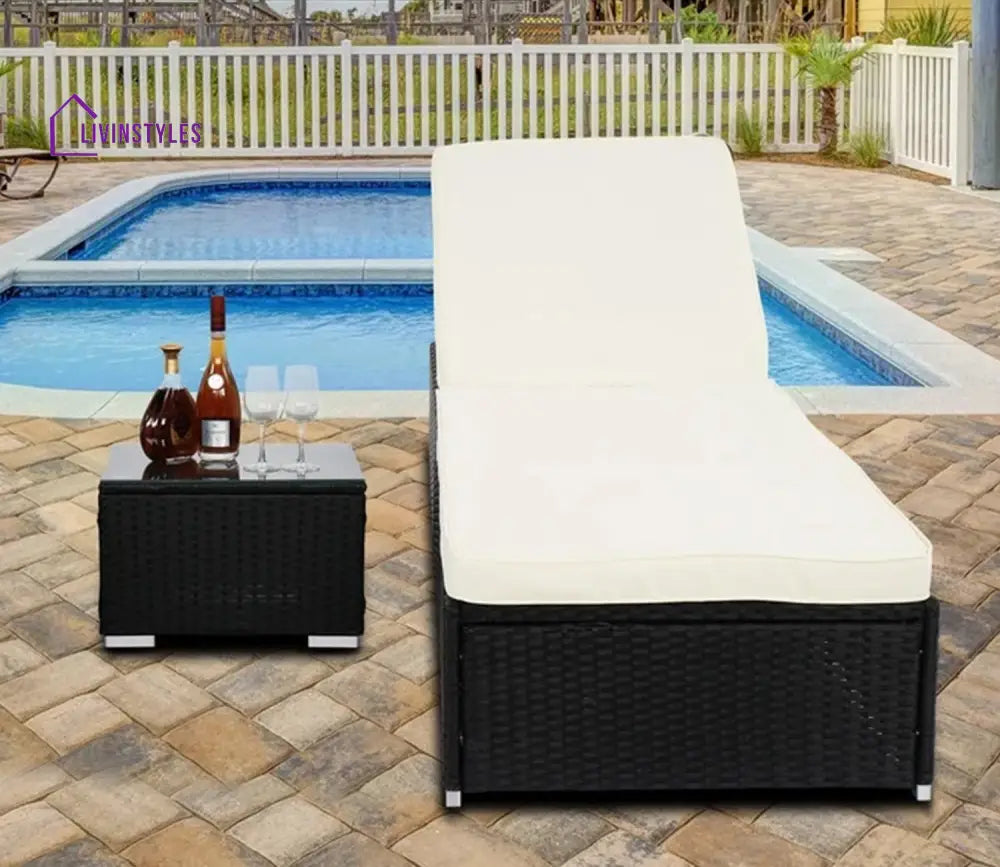 Patidar Black Adjustable Outdoor Patio Lounger With Table And Off White Cushions