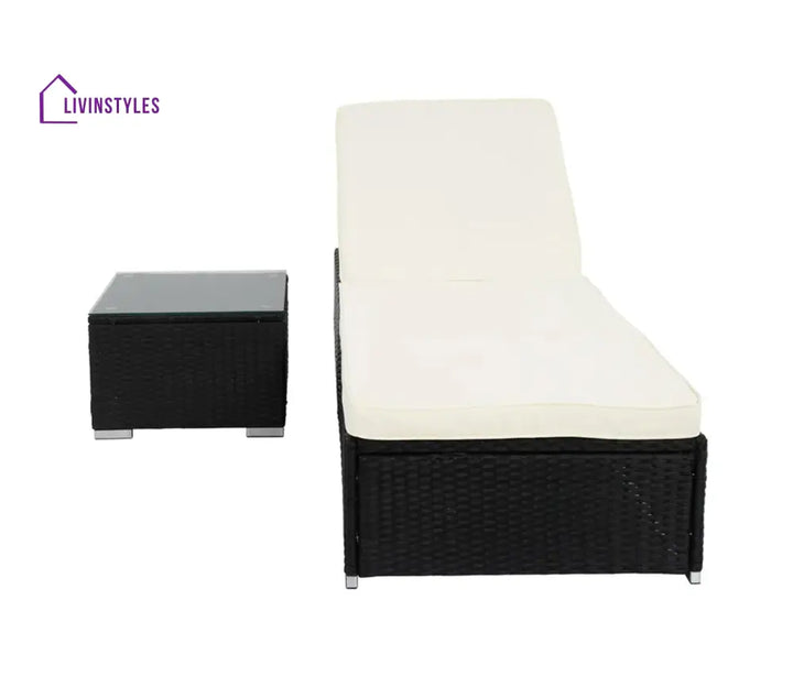 Patidar Black Adjustable Outdoor Patio Lounger With Table And Off White Cushions