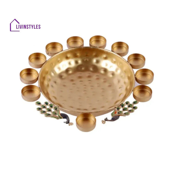 Peacock Style Brass Urli With Tealight | Set Of 3