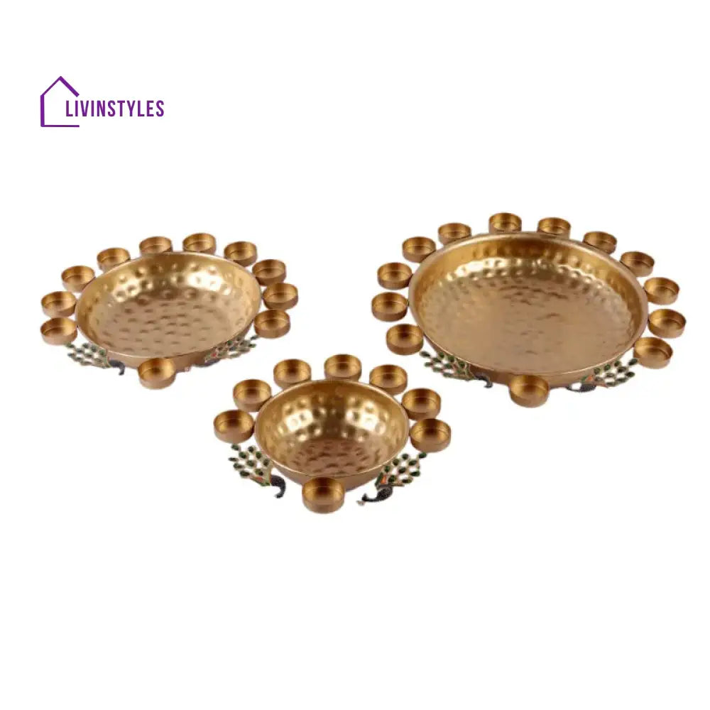 Peacock Style Brass Urli With Tealight | Set Of 3