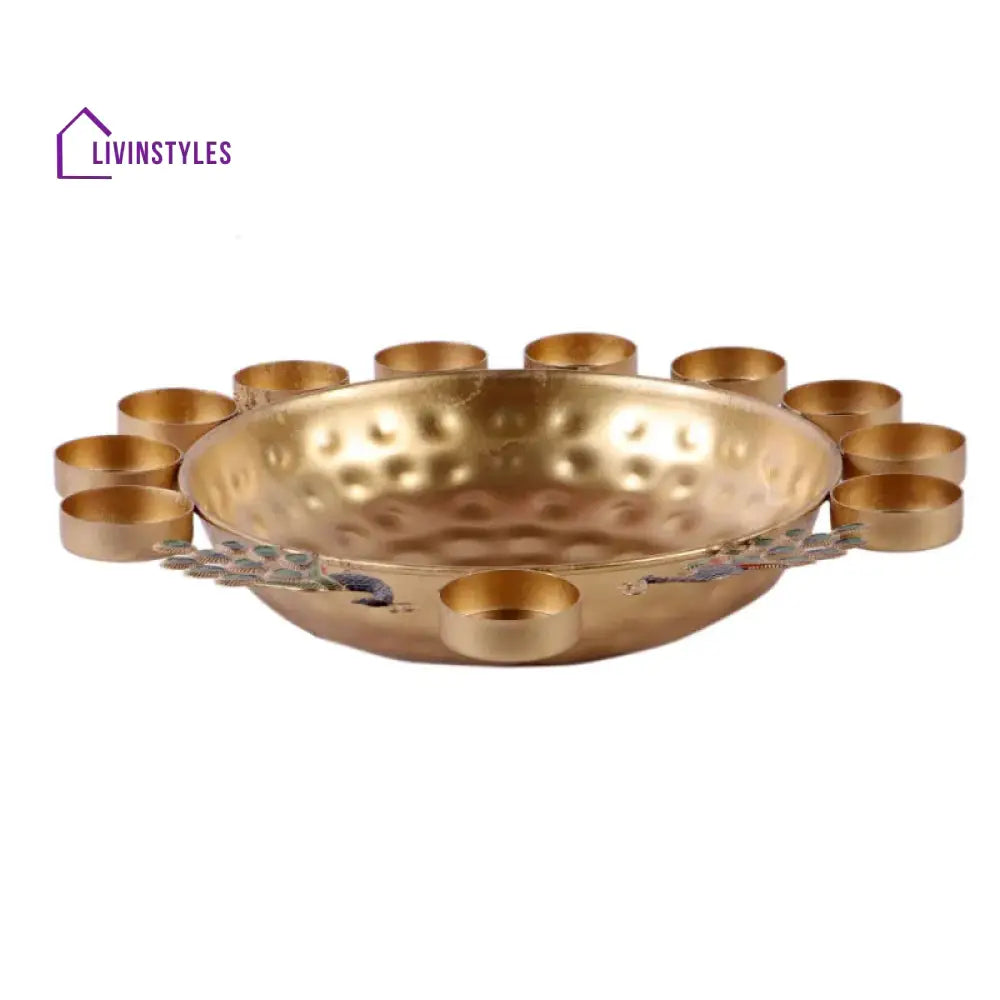 Peacock Style Brass Urli With Tealight | Set Of 3