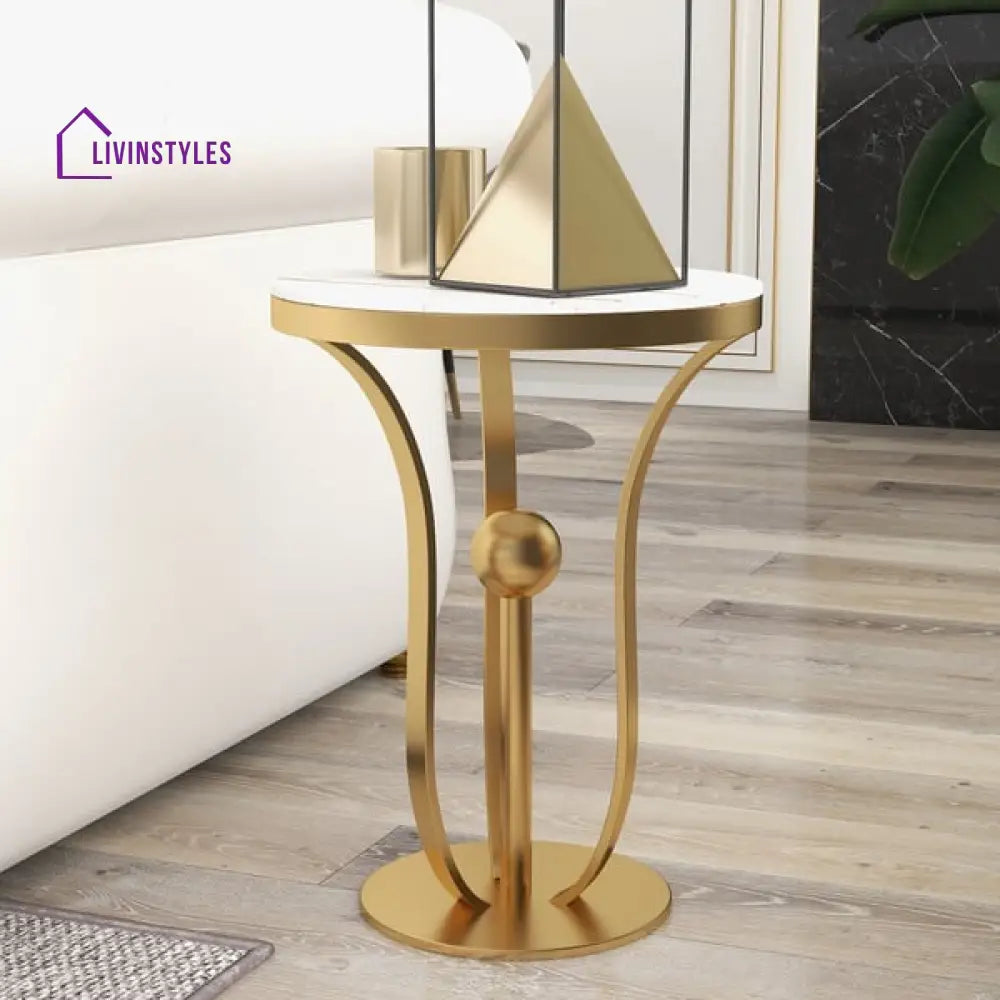 Phoenix Round Side Table With Metal Pedestal And Marble Top End Tables