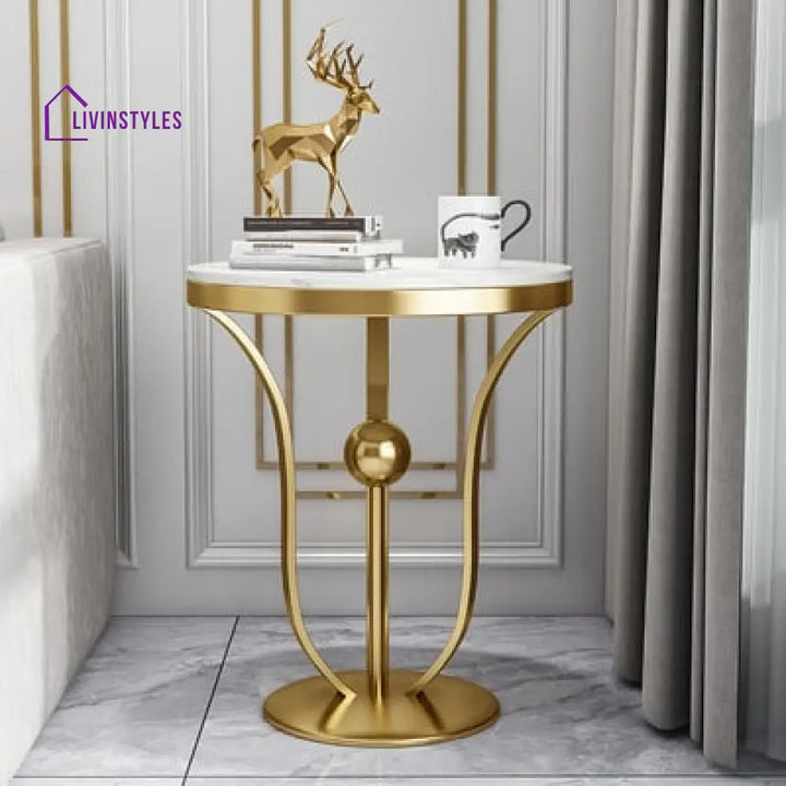 Phoenix Round Side Table With Metal Pedestal And Marble Top End Tables