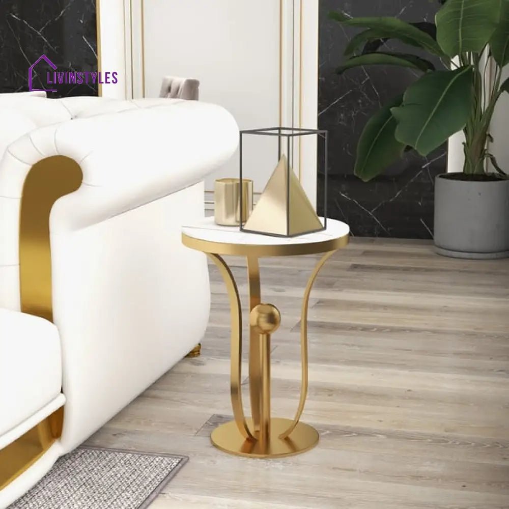 Phoenix Round Side Table With Metal Pedestal And Marble Top End Tables